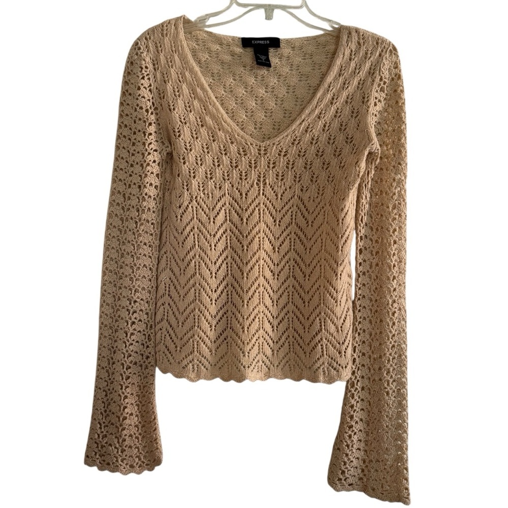 Y2K Express Beige Babydoll Sweater Crochet Open Knit Bell Sleeve V-neck Boho S